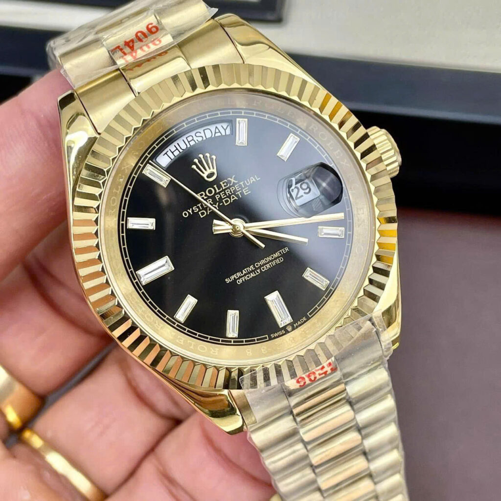 Đồng hồ Rolex Day-Date nam vàng gold cọc số đá mặt đen fake cao cấp 40mm