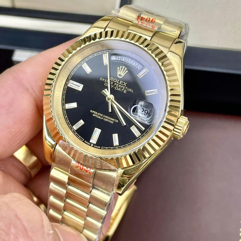 Đồng hồ Rolex Day-Date nam vàng gold cọc số đá mặt đen fake cao cấp 40mm