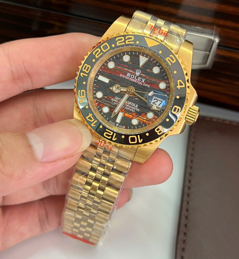 Đồng hồ Rolex GMT-Master II Nam vàng gold mặt đá mắt hổ fake cao cấp 40mm