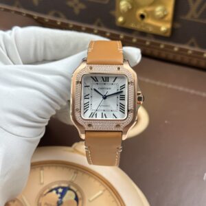 Đồng hồ nữ Cartier Santos chế tác mạ vàng hồng mặt trắng nhà máy BV 35mm (12)