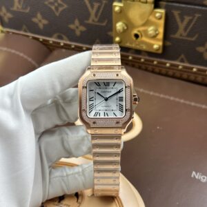 Đồng hồ nữ Cartier Santos chế tác mạ vàng hồng mặt trắng nhà máy BV 35mm (12)