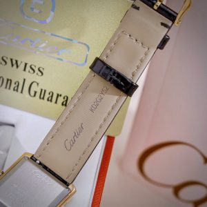 Đồng Hồ Cartier Tank Louis nữ vàng gold dây da đen fake cao cấp 24x32mm