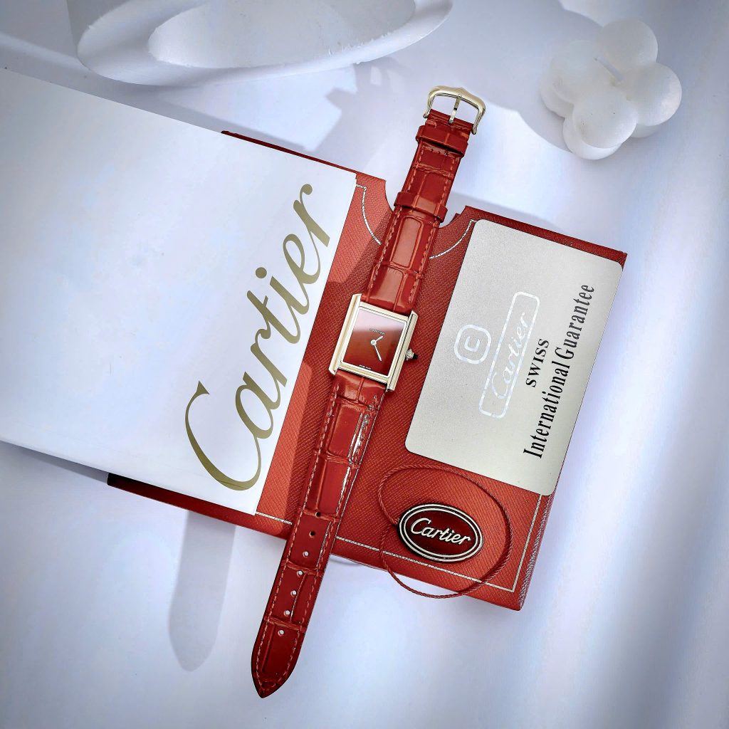Đồng Hồ Cartier Tank Louis nữ vàng gold dây da đỏ máy quazt japan 24x32mm