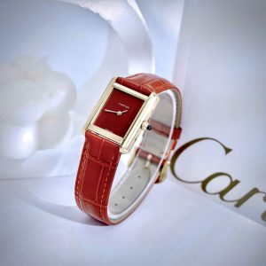 Đồng Hồ Cartier Tank Louis nữ vàng gold dây da đỏ máy quazt japan 24x32mm