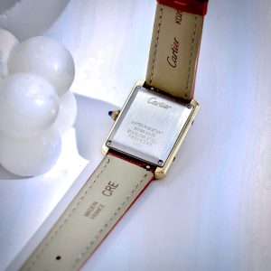 Đồng Hồ Cartier Tank Louis nữ vàng gold dây da đỏ máy quazt japan 24x32mm