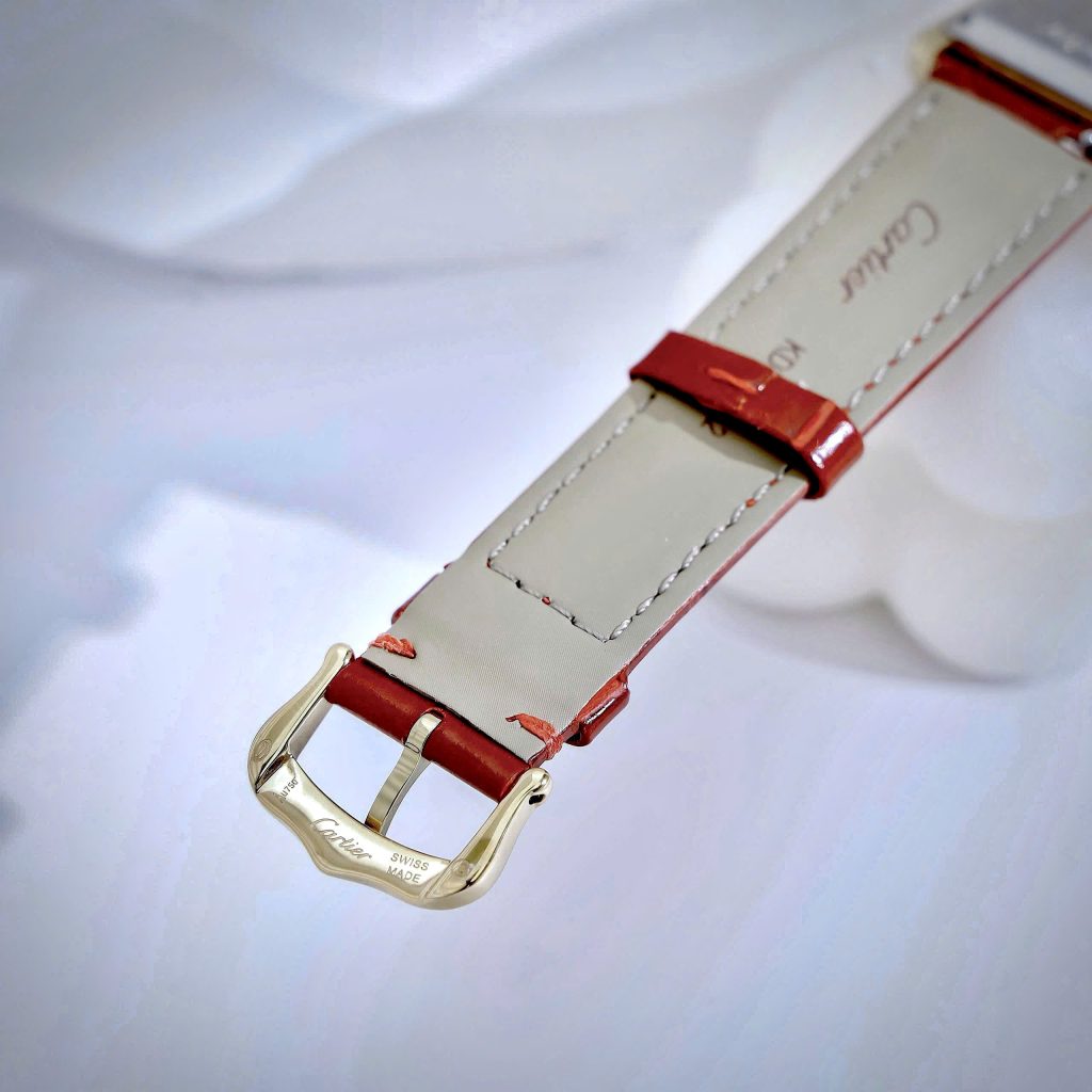 Đồng Hồ Cartier Tank Louis nữ vàng gold dây da đỏ máy quazt japan 24x32mm
