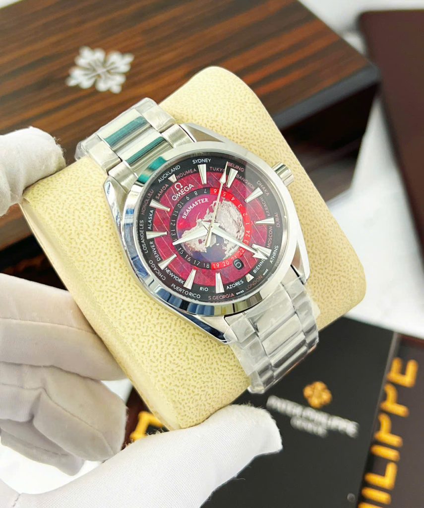 Đồng Hồ Omega Seamaster nam dây kim loại mặt bản đồ đỏ fake cao cấp 42mm (5)