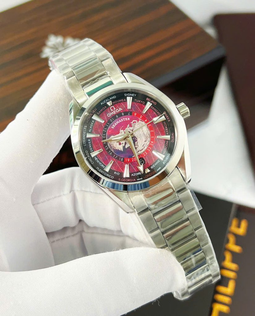Đồng Hồ Omega Seamaster nam dây kim loại mặt bản đồ đỏ fake cao cấp 42mm (5)