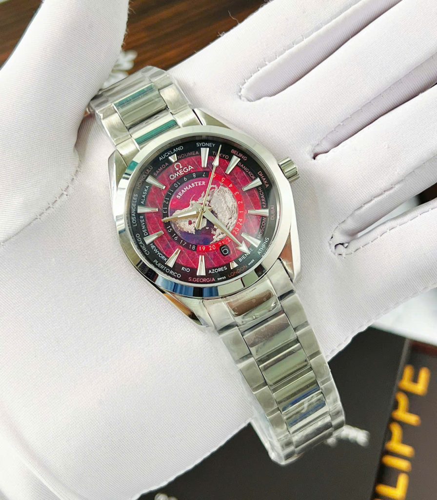 Đồng Hồ Omega Seamaster nam dây kim loại mặt bản đồ đỏ fake cao cấp 42mm (5)