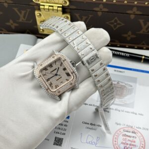 Đồng hồ Cartier Santos Rep 11 đính kim cương nhà máy mặt số màu vàng hồng 39 (2)