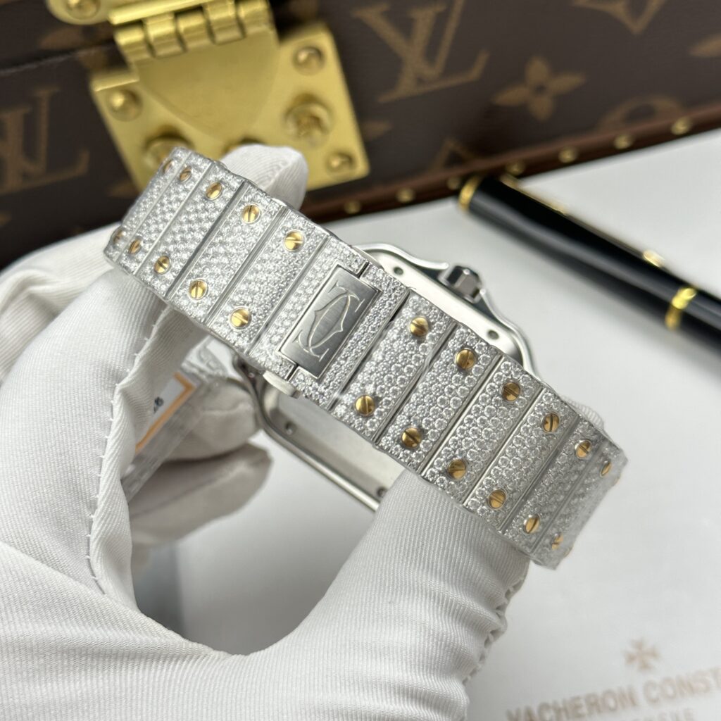 Đồng hồ Cartier Santos Replica 11 đính kim cương nhà máy màu demi vàng 39 (2)