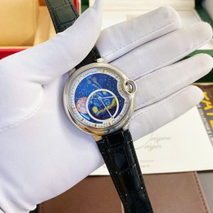Đồng hồ Cartier Ballon Bleu nam mặt trái đất dây da đen máy cơ nhật giá rẻ 42mm